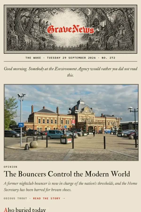 The top of a morning's edition of The Wake: the masthead, the date, a greeting and the lead story.